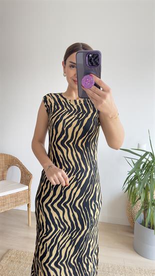 Bej Zebra Desen Yırtmaçlı Elbise