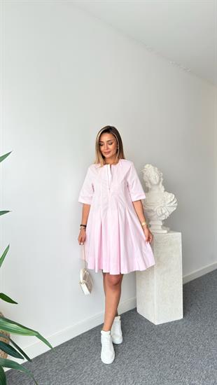Pembe Lana Önü Pileli Elbise 