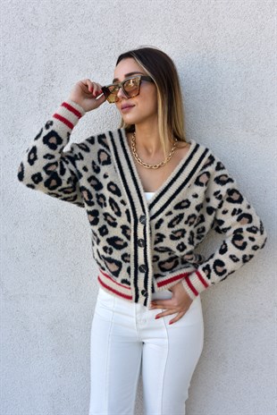 Bej Leopar Desenli Yumoş Hırka
