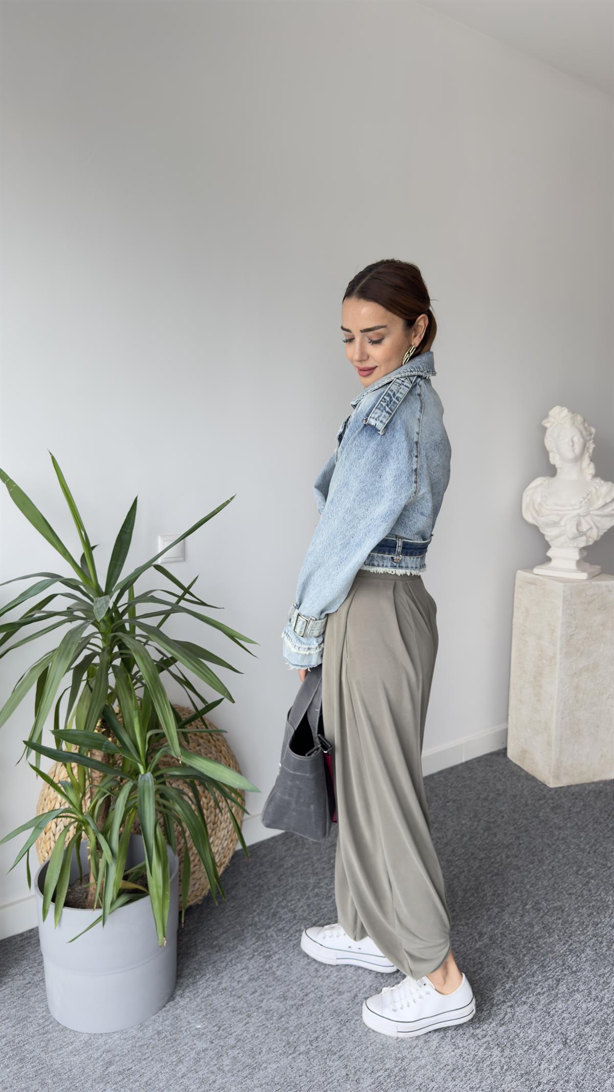 Cream Kemerli Jean Ceket