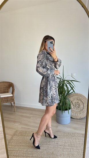  Beli Büzgülü Leopar Desen Elbise 