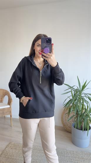 Yarım Fermuarlı Siyah Sweat