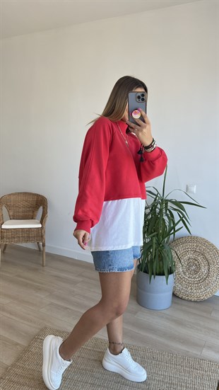Balıkçı Yaka Tshirt Detaylı Kırmızı Sweat