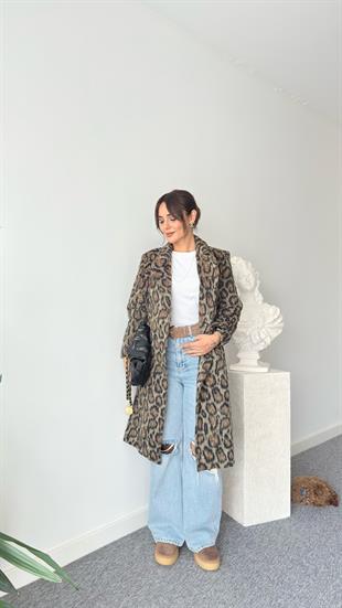 Rolen Leopar Desenli Kaşe Kaban