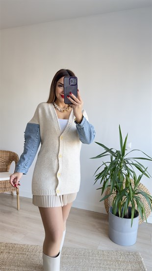 Kolları Kot Detaylı Bej Hırka 