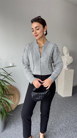 Zra Model İncili Gri Triko Hırka 