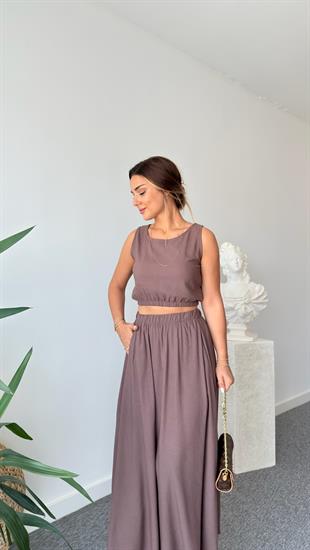Kahve Keten Etekli Crop Takım