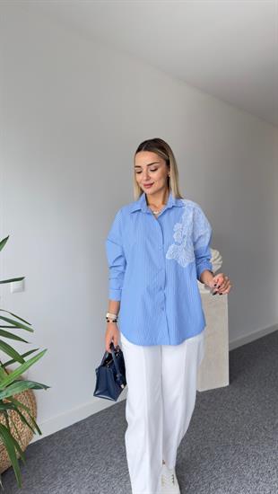 Zra Model Omzu Nakışlı Çizgili Gömlek