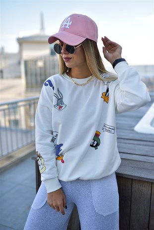 Karakter Baskılı Beyaz Sweatshirt