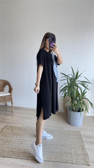 Kot Detaylı Siyah Basic Elbise 