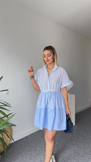 Glio Bel Büzgülü Çizgili Poplin Elbise 
