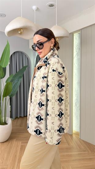 Mojno Bej Siyah Renk Geçişli Oversize Fermuarlı Peluş Sweat
