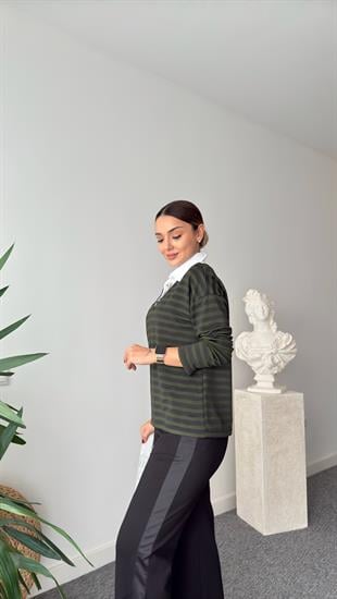 Yeşil Ricca Gömlek Yaka Çizgili Massi Sweat