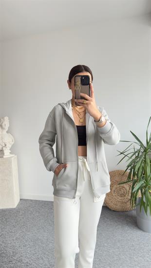 Şardonlu Gri Kapüşonlu Sweatshirt