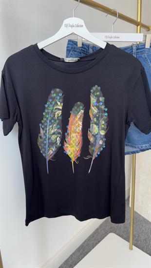 Renkli Kuş Tüyü Baskı Tshirt