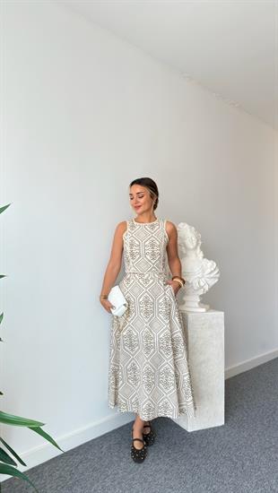 Kahve Keten Üzeri Desenli Etekli Takım 