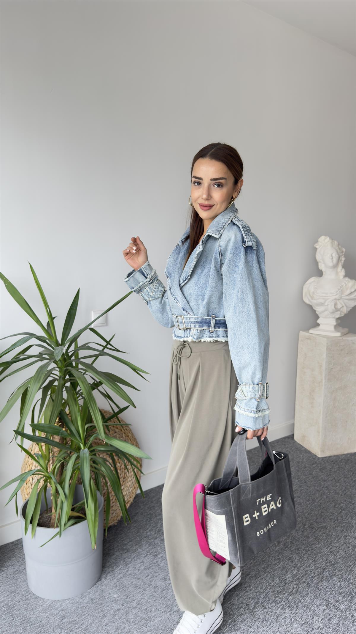 Cream Kemerli Jean Ceket