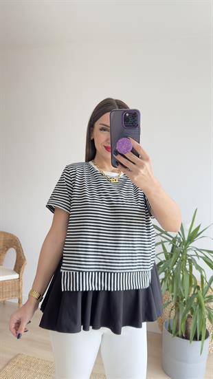 Çizgili Siyah Poplin Detaylı Tshirt
