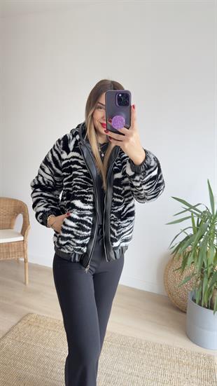 Deri Garnili Zebra Desen Peluş Mont