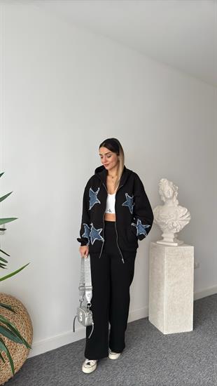 Denim Yıldız Detaylı Siyah Tasarım Takım