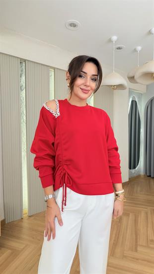 Kırmızı Taş Detay Büzgülü Modal Sweat