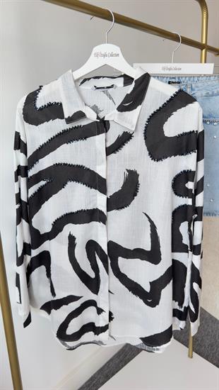 Taş Detaylı Siyah Desen Keten Gömlek