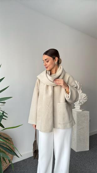 Yuthi Kaşkol Detaylı Astarlı Bej Kaban