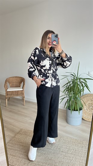 Beli Büzgülü Desenli Siyah Mevsimlik Ceket