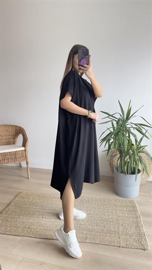 Oversize Siyah Kapüşonlu Elbise 