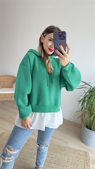 Gömlek Detaylı Yeşil Kapüşonlu Sweat