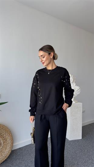 Zack Marka Model Taş Detaylı Siyah Sweatshirt