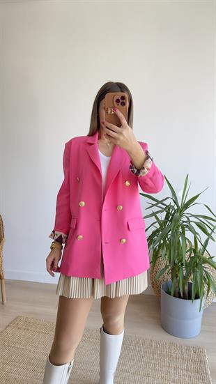 Renkli Astarlı Fuşya Blazer Ceket