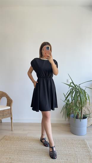 Coy Bel Büzgülü Siyah Basic Elbise 