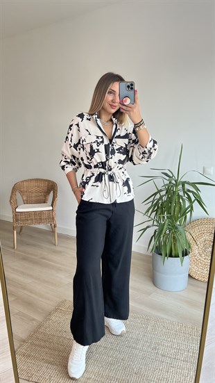 Beli Büzgülü Desenli Ekru Mevsimlik Ceket