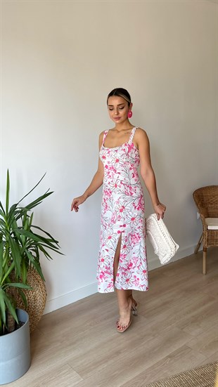 Arkası Fiyonklu Pembe Keten Elbise