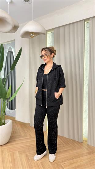 Siyah Stars Taş Detaylı Üçlü Takım