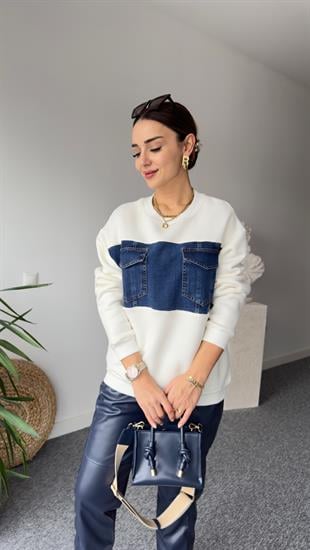Twst Model Kot Detay Beyaz Sweat