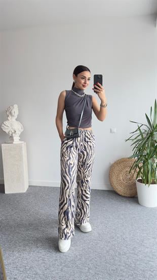 Mavi Zebra Desen Bel Lastikli Pantolon