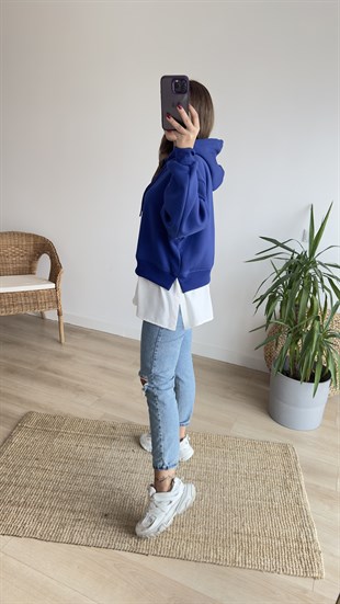Gömlek Detaylı Mavi Kapüşonlu Sweat
