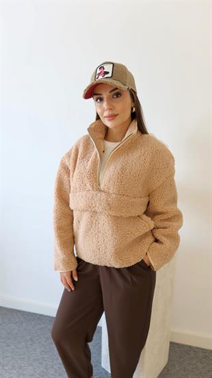 Bej Yarım Fermuarlı Teddy Sweatshirt