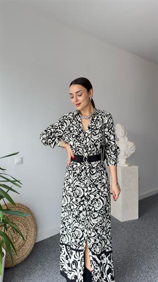 Kemerli Etnik Desen Maxi Crep Elbise