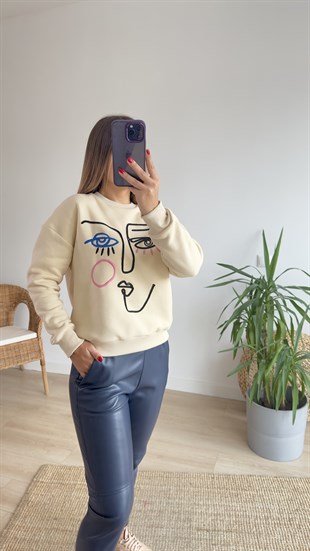 Nakış Yüz Figürlü Bej Sweat