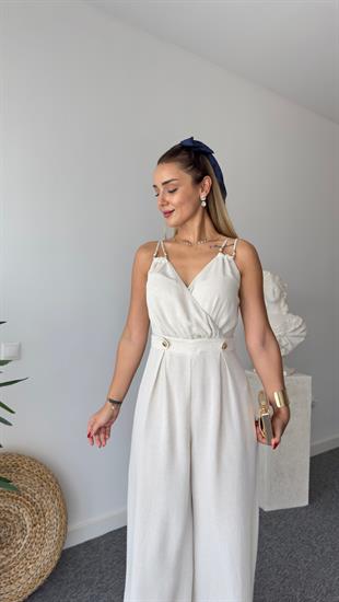 Lıu Gold Detaylı Bej Keten Tulum