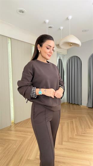 Kahve Kolları Büzgü Ekose Detay Modal Takım
