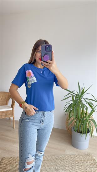 Ön Arka Baskı Detaylı Mavi Tshirt