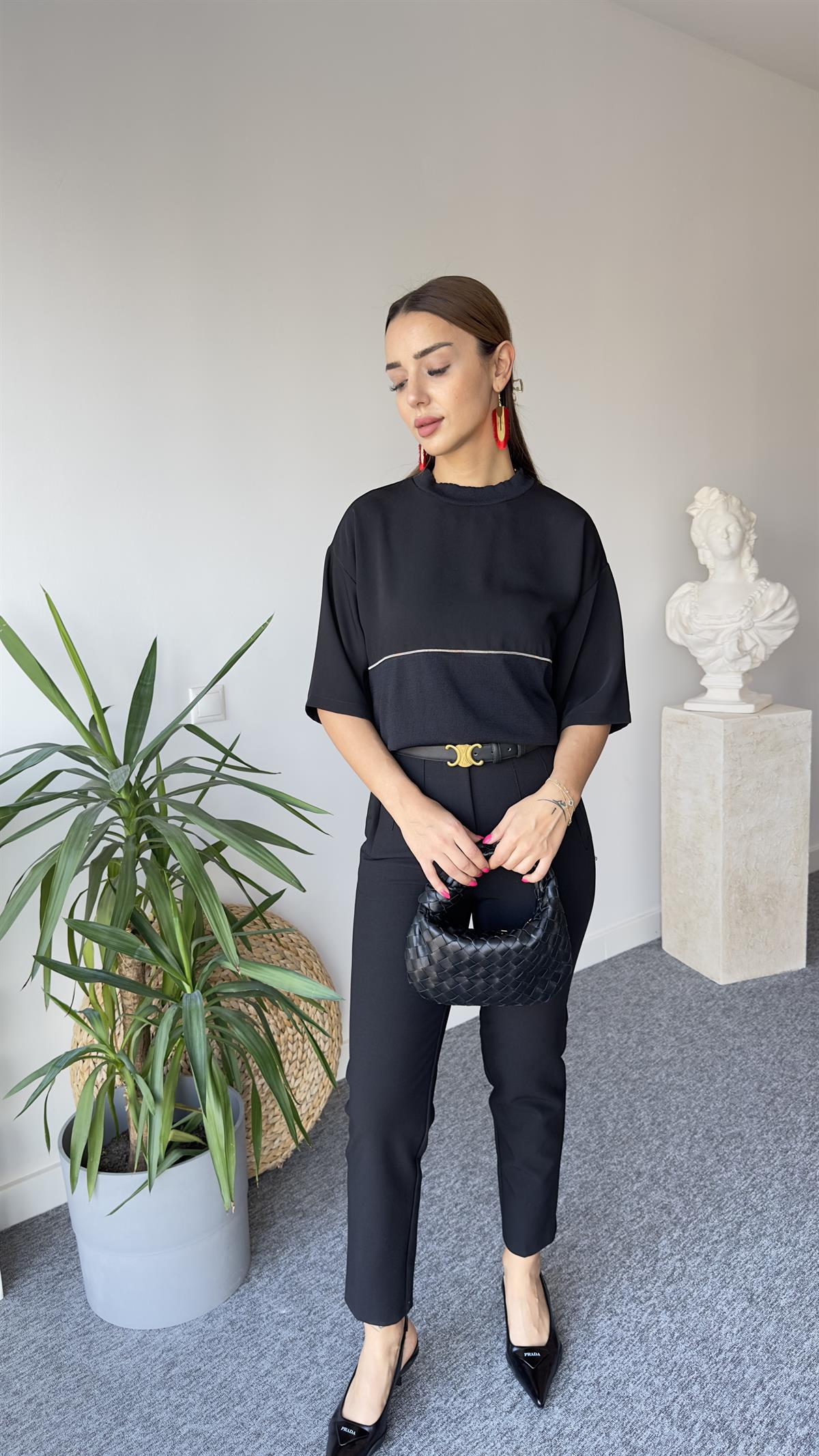 Triko Ve Taş Detay Saten Bluz 