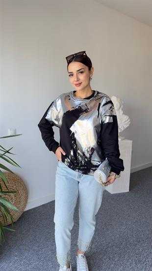 Carry Varaklı Siyah Sweatshirt