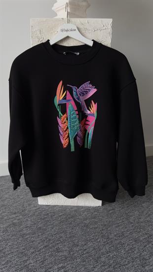 Kuş Baskılı Siyah Sweatshirt