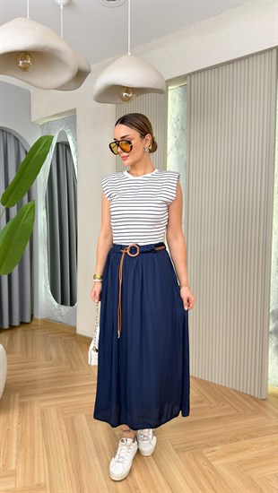 Lacivert Frans Çift Parça Görünümlü Tws Model Elbise 