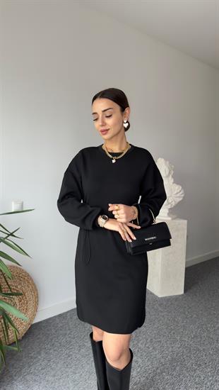 Beli Lastikli Siyah Triko Elbise